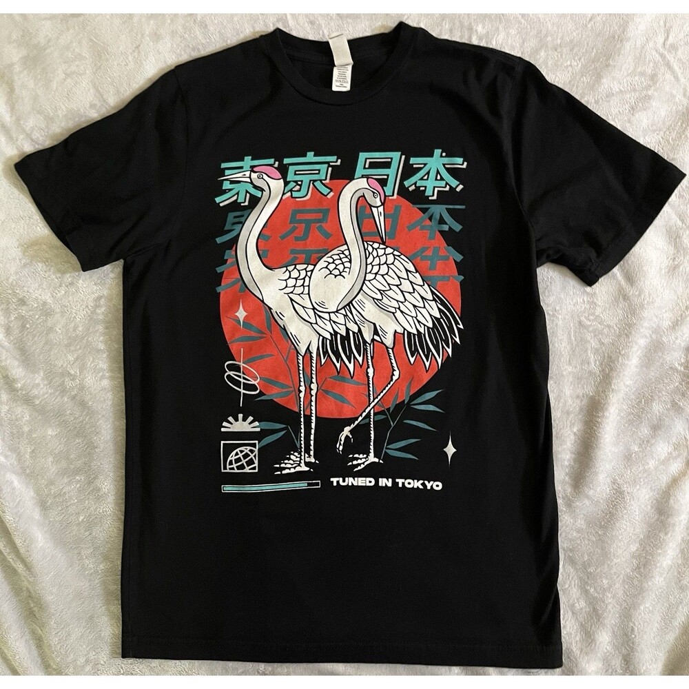 Lane Seven Tuned in Tokyo Crane Graphic Tee Black Cotton Knit Crew Neck Large
